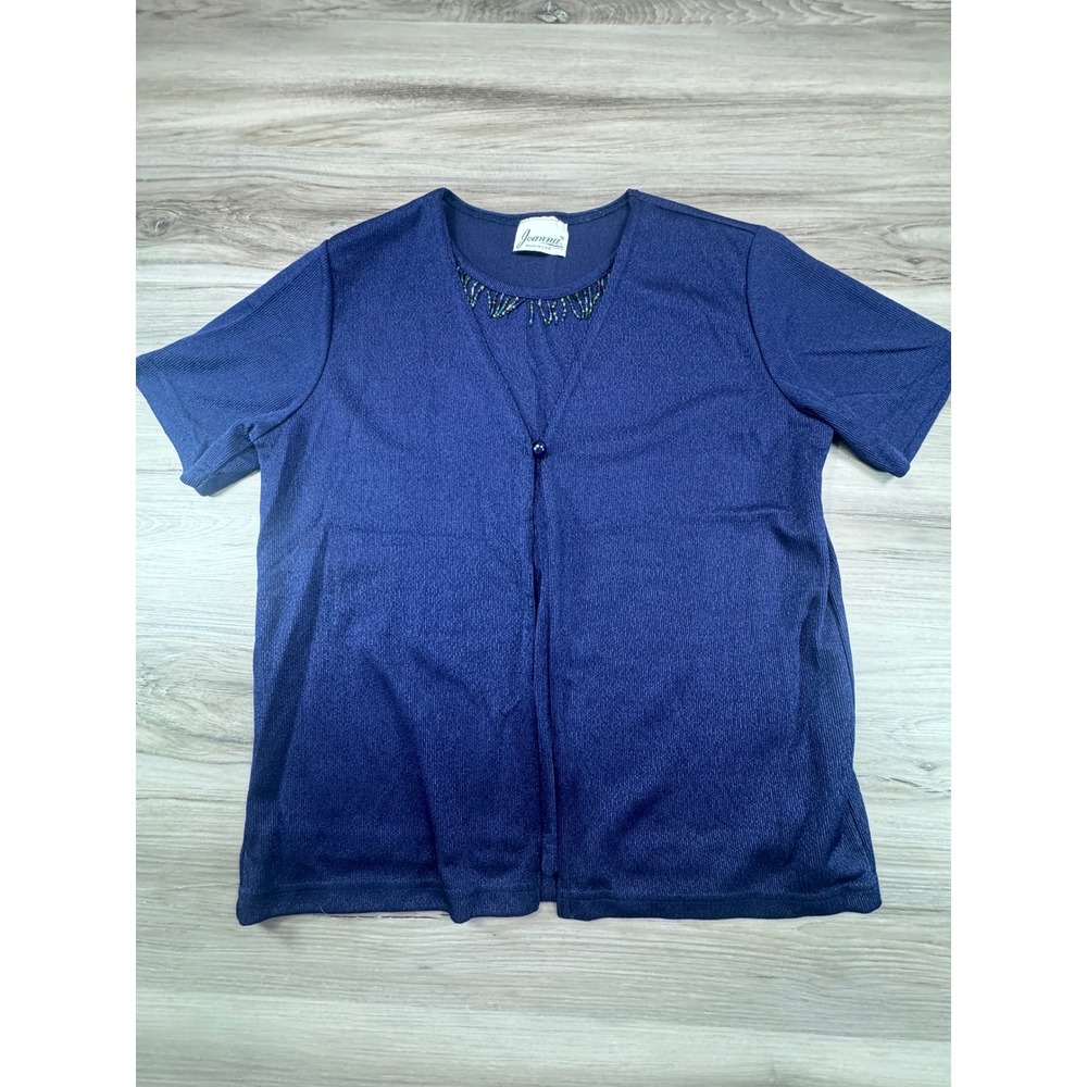 Joanna Vintage Navy Blue Beaded Layered Look Knit Top Short Sleeve Large‎ USA